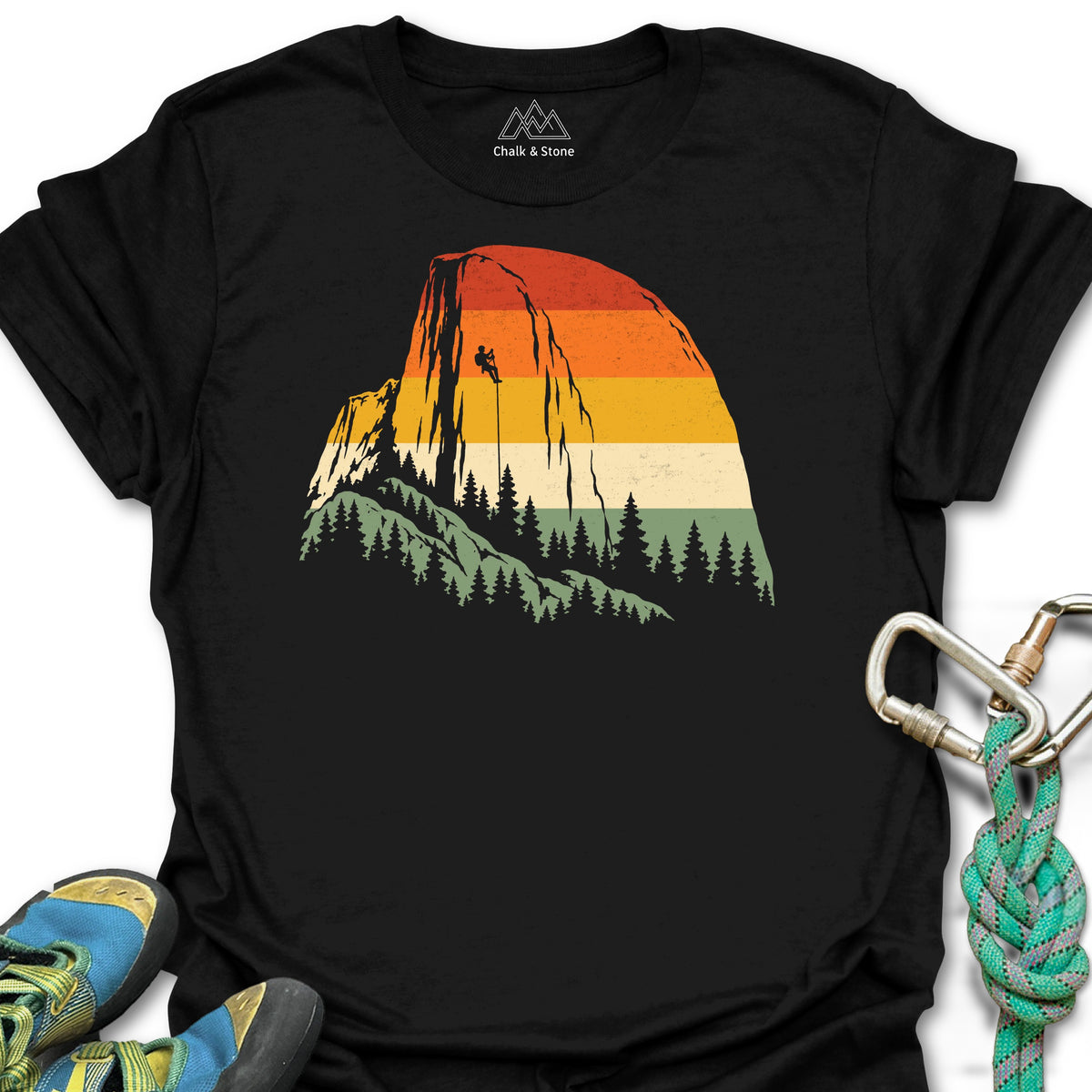 Half Dome Retro Stripes Tee in Black — flat lay mockup