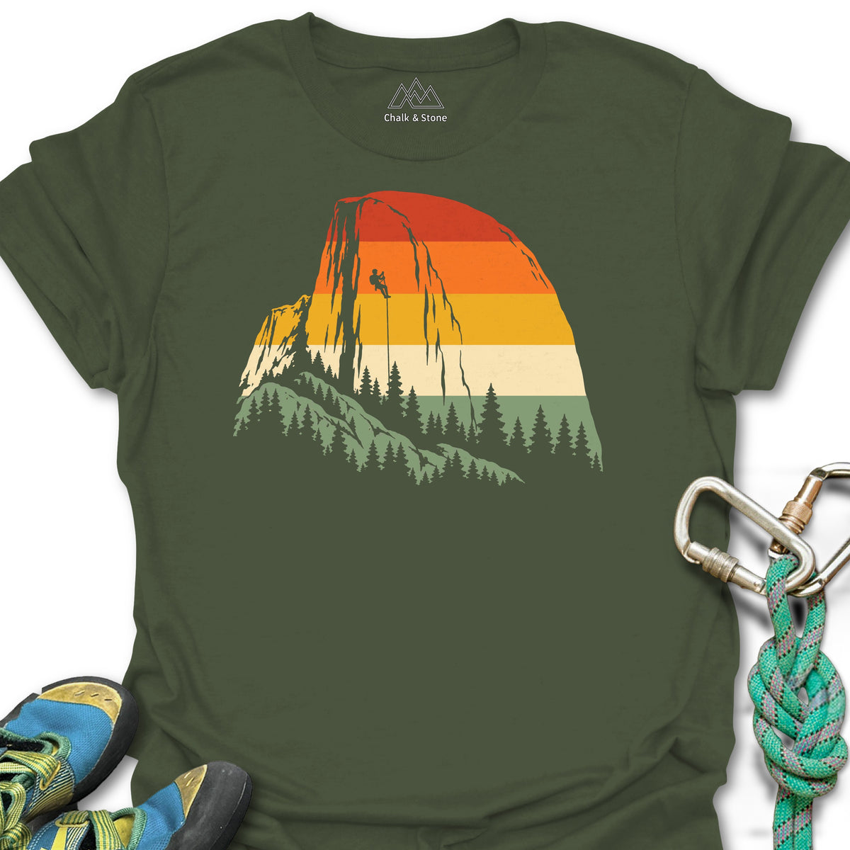 Half Dome Retro Stripes Tee in Military Green — flat lay mockup