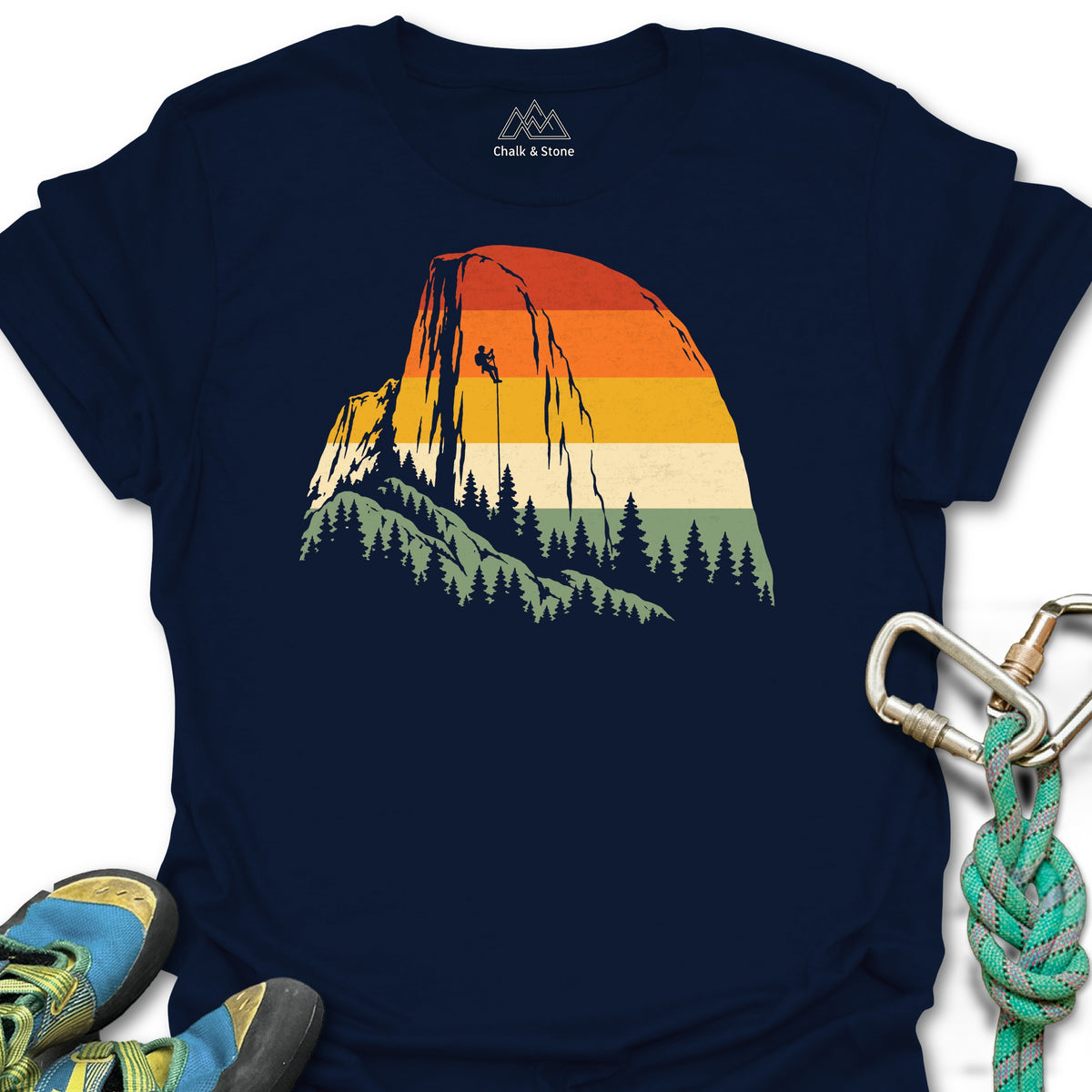 Half Dome Retro Stripes Tee in Navy — flat lay mockup