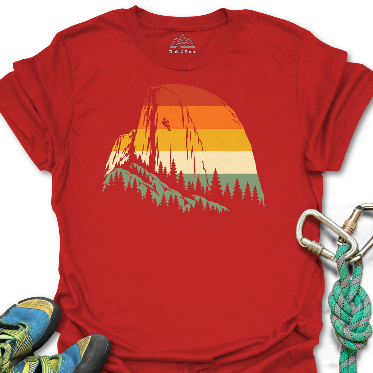 Half Dome Retro Stripes Tee in Red — flat lay mockup