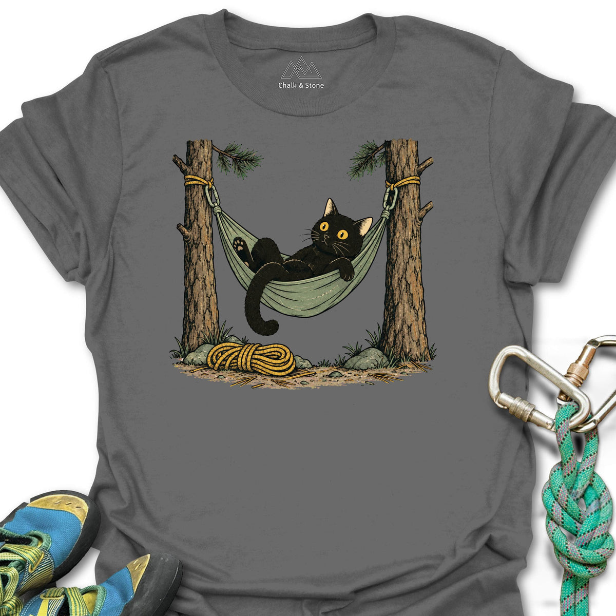 Hammock Cat Tee in Charcoal — flat lay mockup