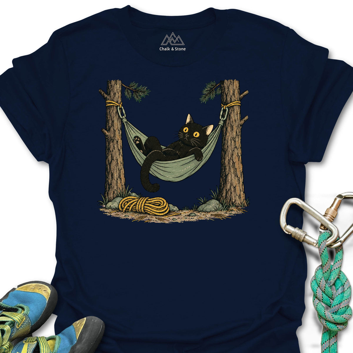 Hammock Cat Tee in Navy — flat lay mockup