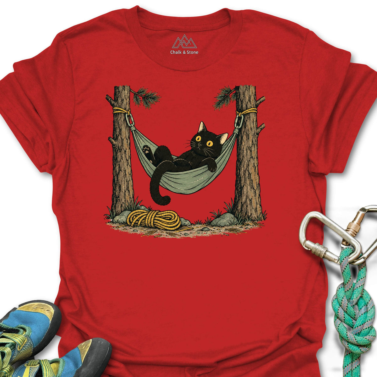 Hammock Cat Tee in Red — flat lay mockup