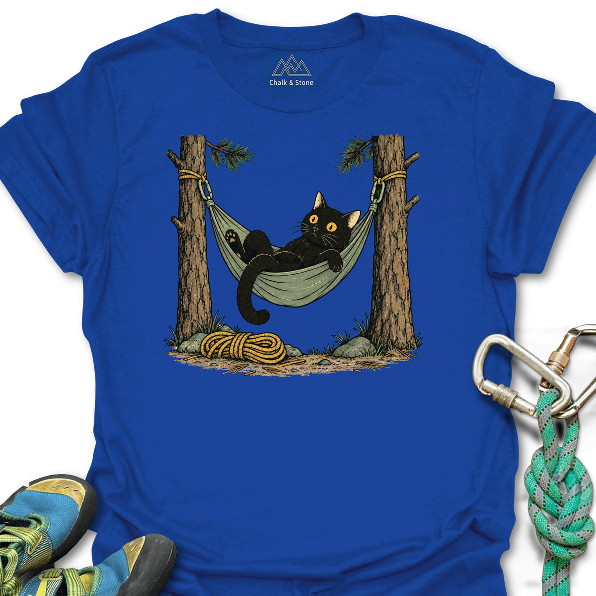 Hammock Cat Tee in Royal — flat lay mockup