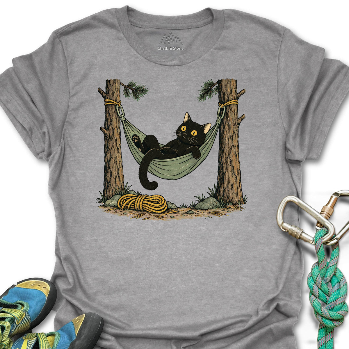 Hammock Cat Tee in Sport Grey — flat lay mockup