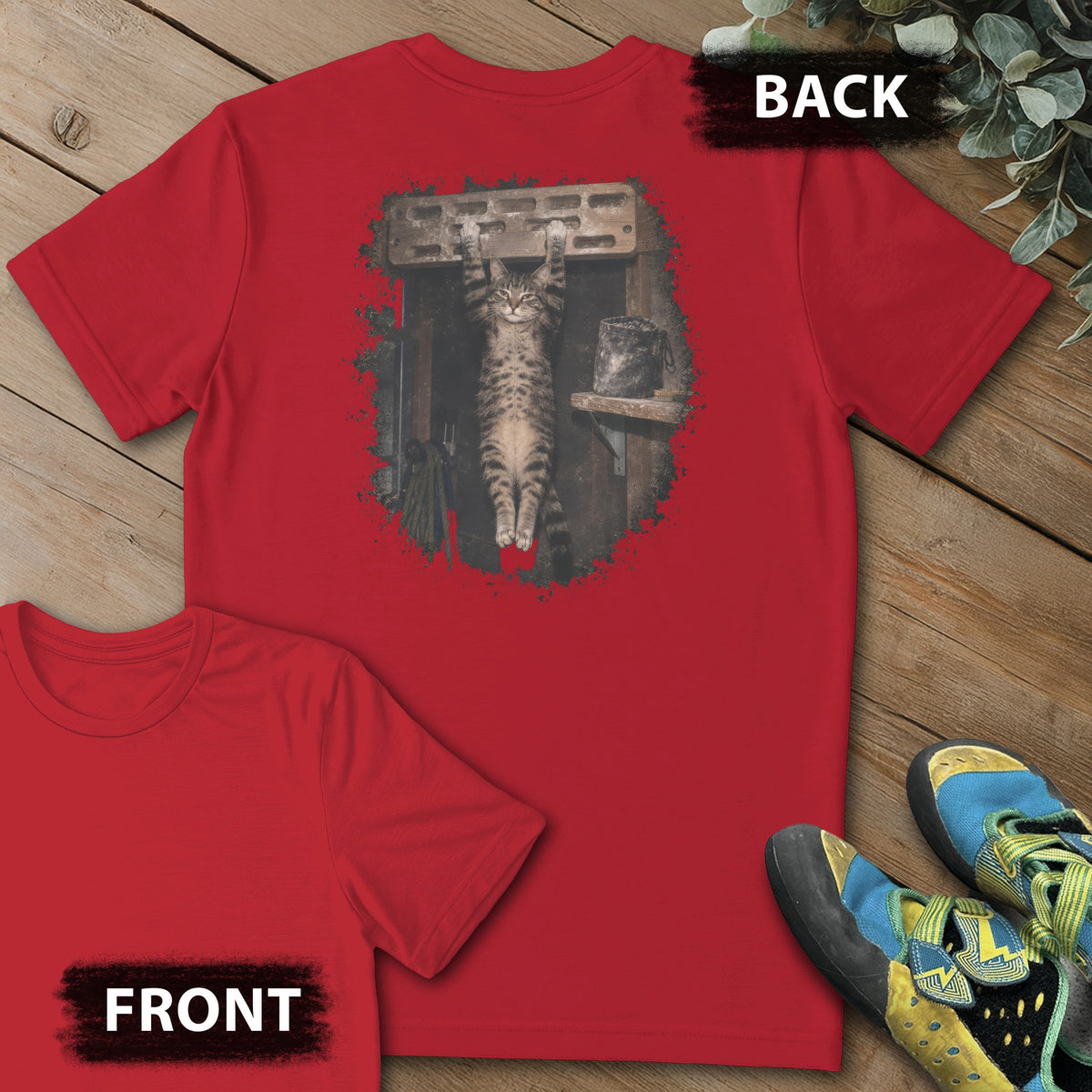 Hangboard Cat Backprint Tee in Red — flat lay mockup