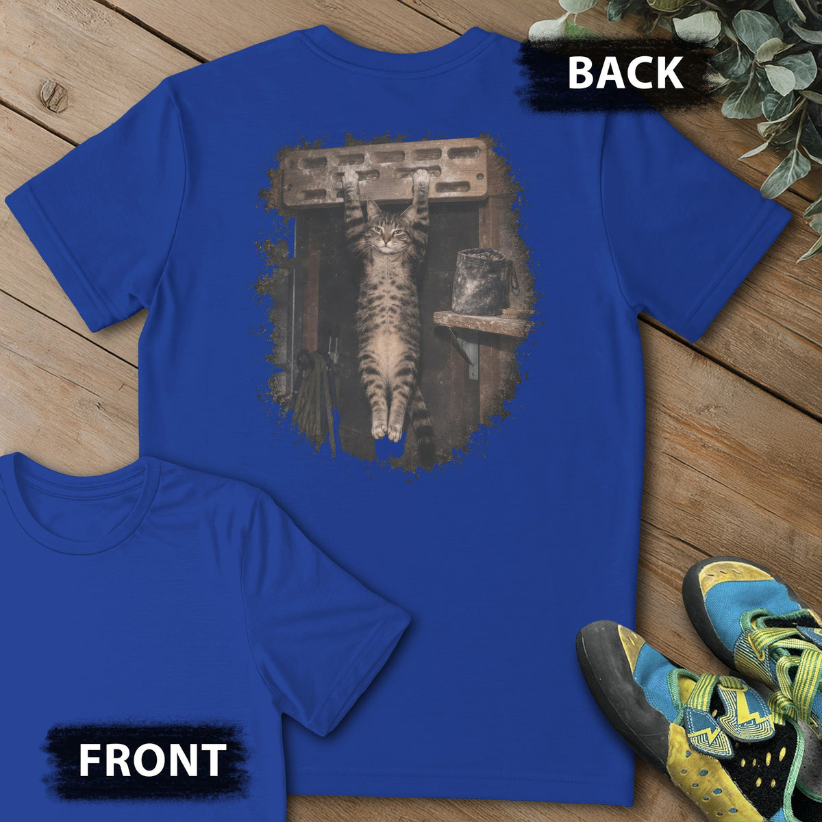 Hangboard Cat Backprint Tee in Royal — flat lay mockup
