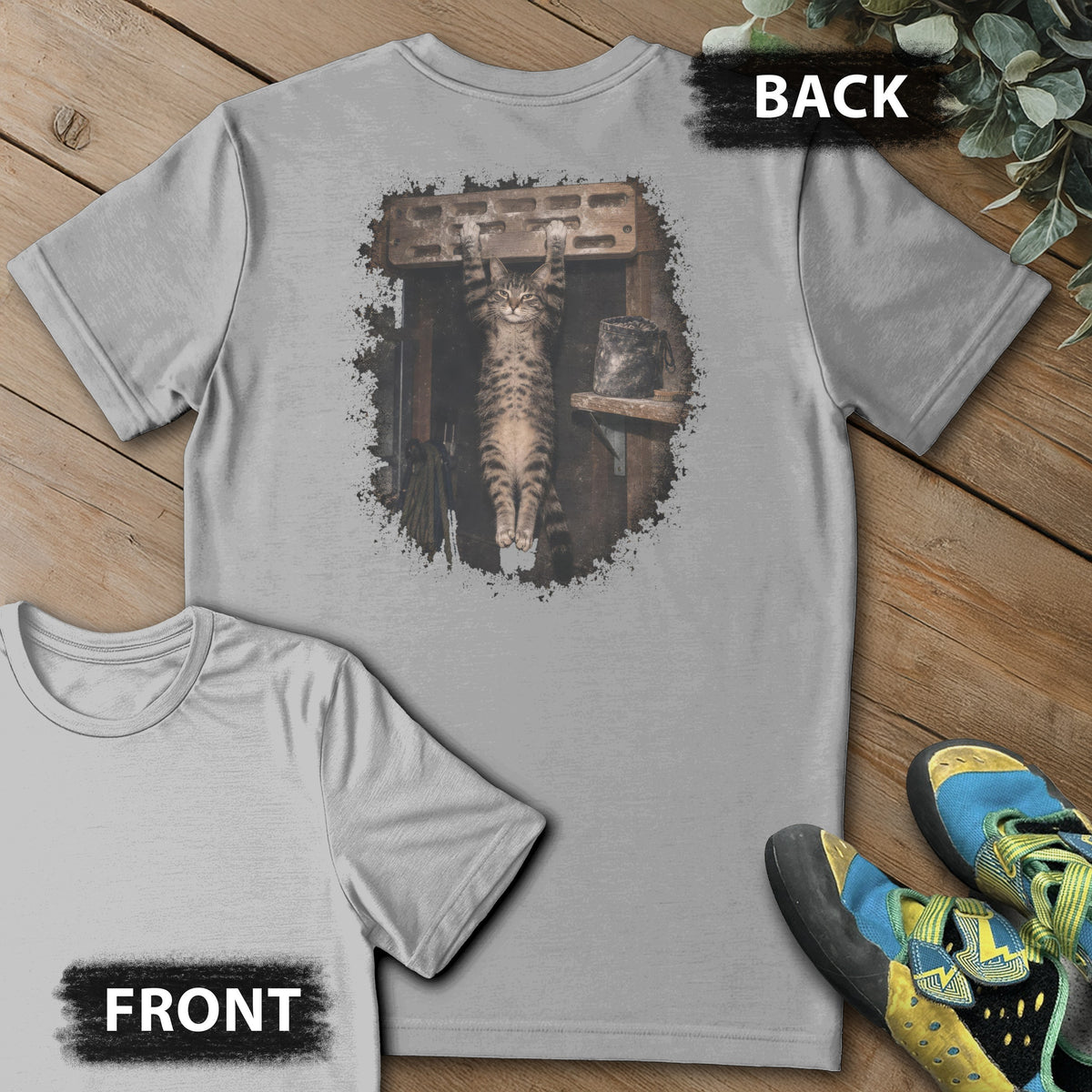 Hangboard Cat Backprint Tee in Sport Grey — flat lay mockup