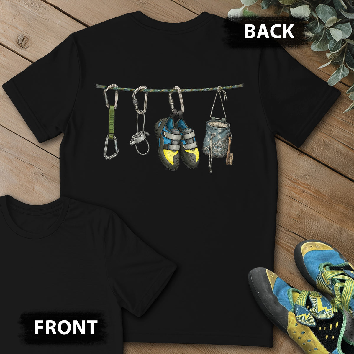 Hanging Equipment Naturalist Backprint Tee in Black — flat lay mockup