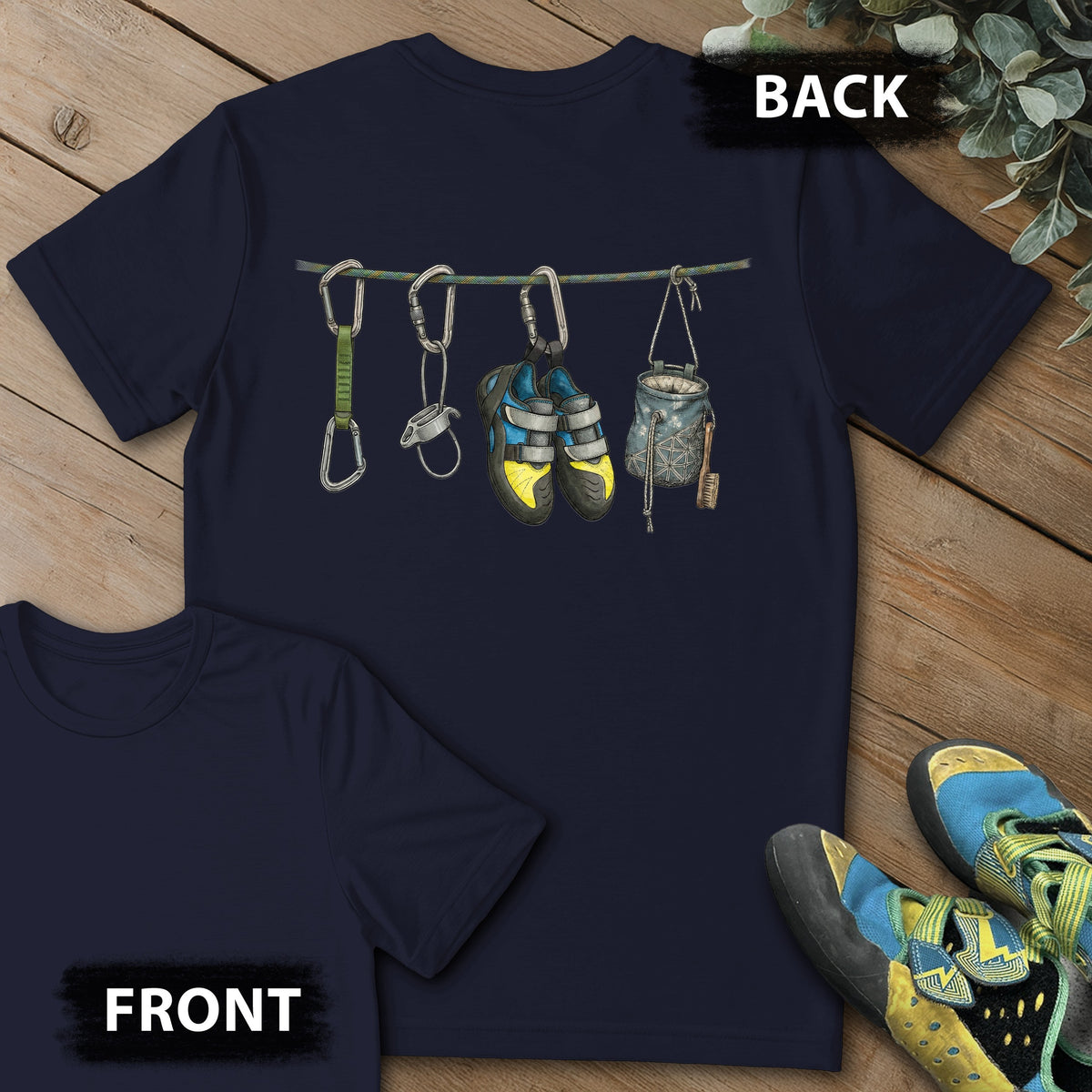 Hanging Equipment Naturalist Backprint Tee in Navy — flat lay mockup