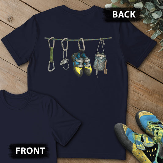 Hanging Equipment Naturalist Backprint Tee in Navy — flat lay mockup