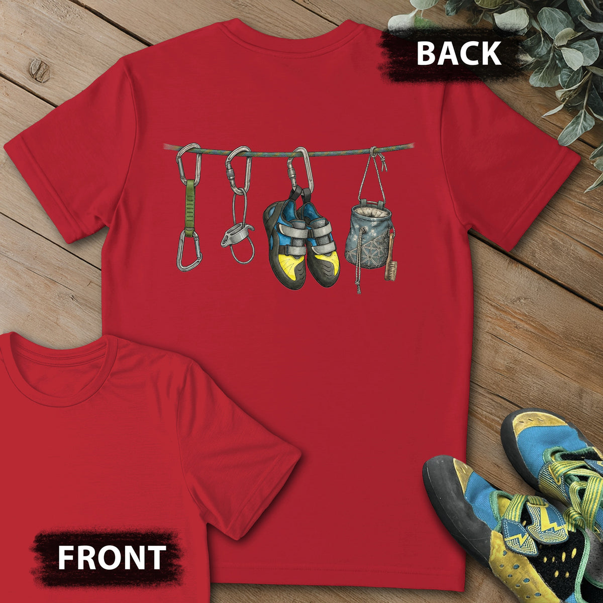 Hanging Equipment Naturalist Backprint Tee in Red — flat lay mockup