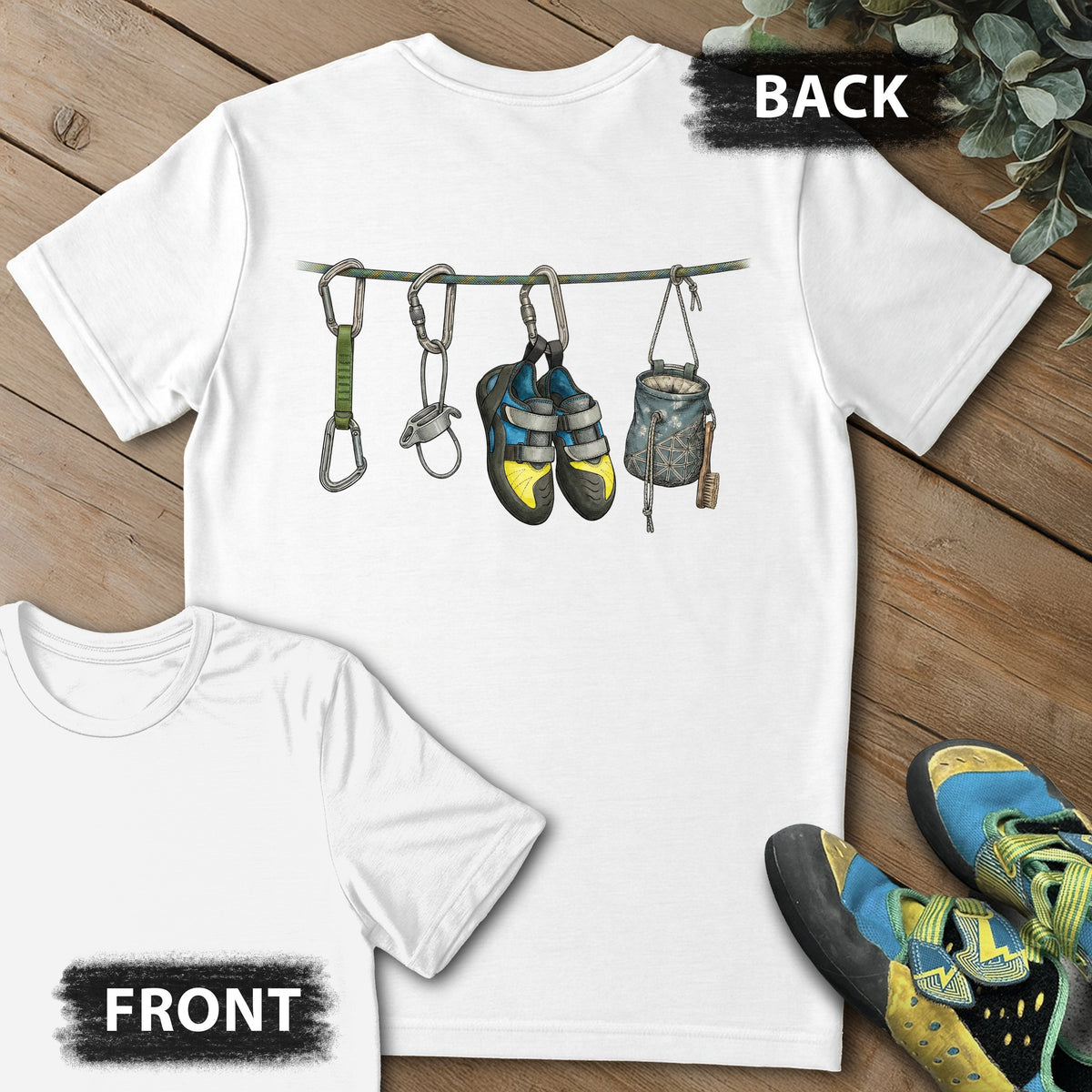 Hanging Equipment Naturalist Backprint Tee in White — flat lay mockup