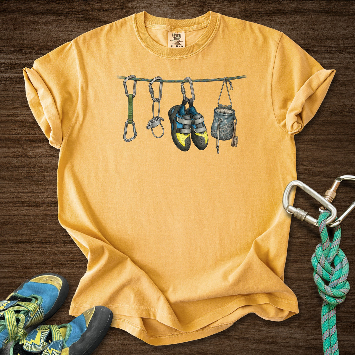 Hanging Equipment Naturalist Premium in Mustard — flat lay mockup
