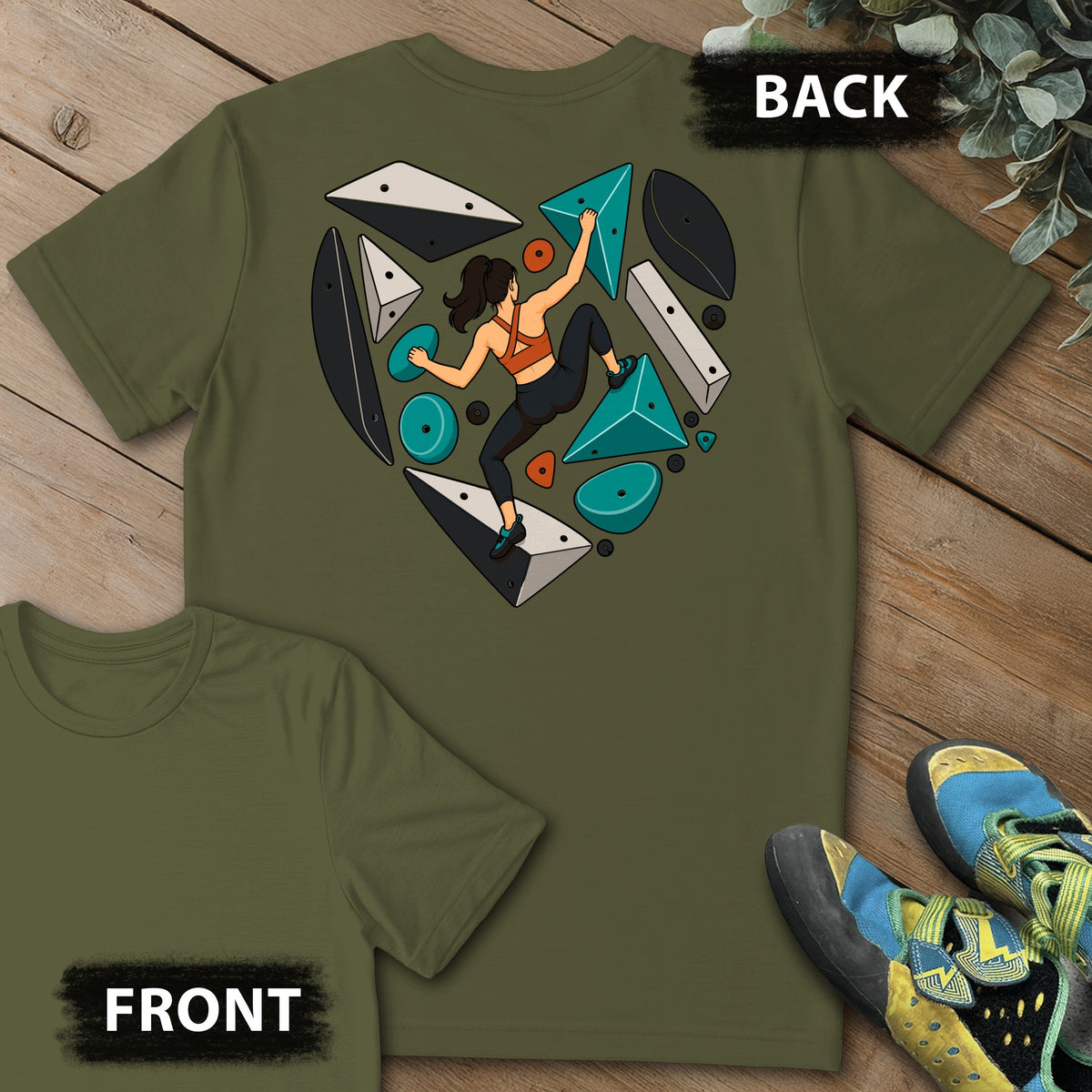 Heart Spray Wall Backprint Tee in Military Green — flat lay mockup
