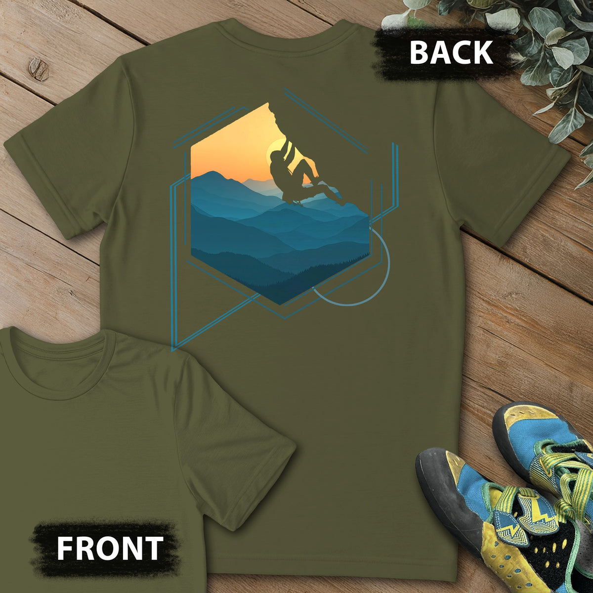 Hexagon Climb Backprint Tee in Military Green — flat lay mockup