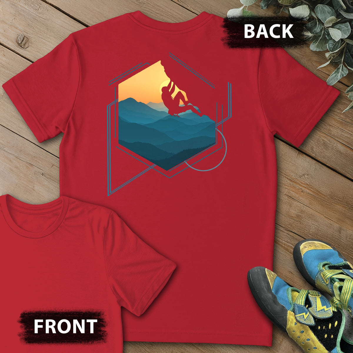 Hexagon Climb Backprint Tee in Red — flat lay mockup