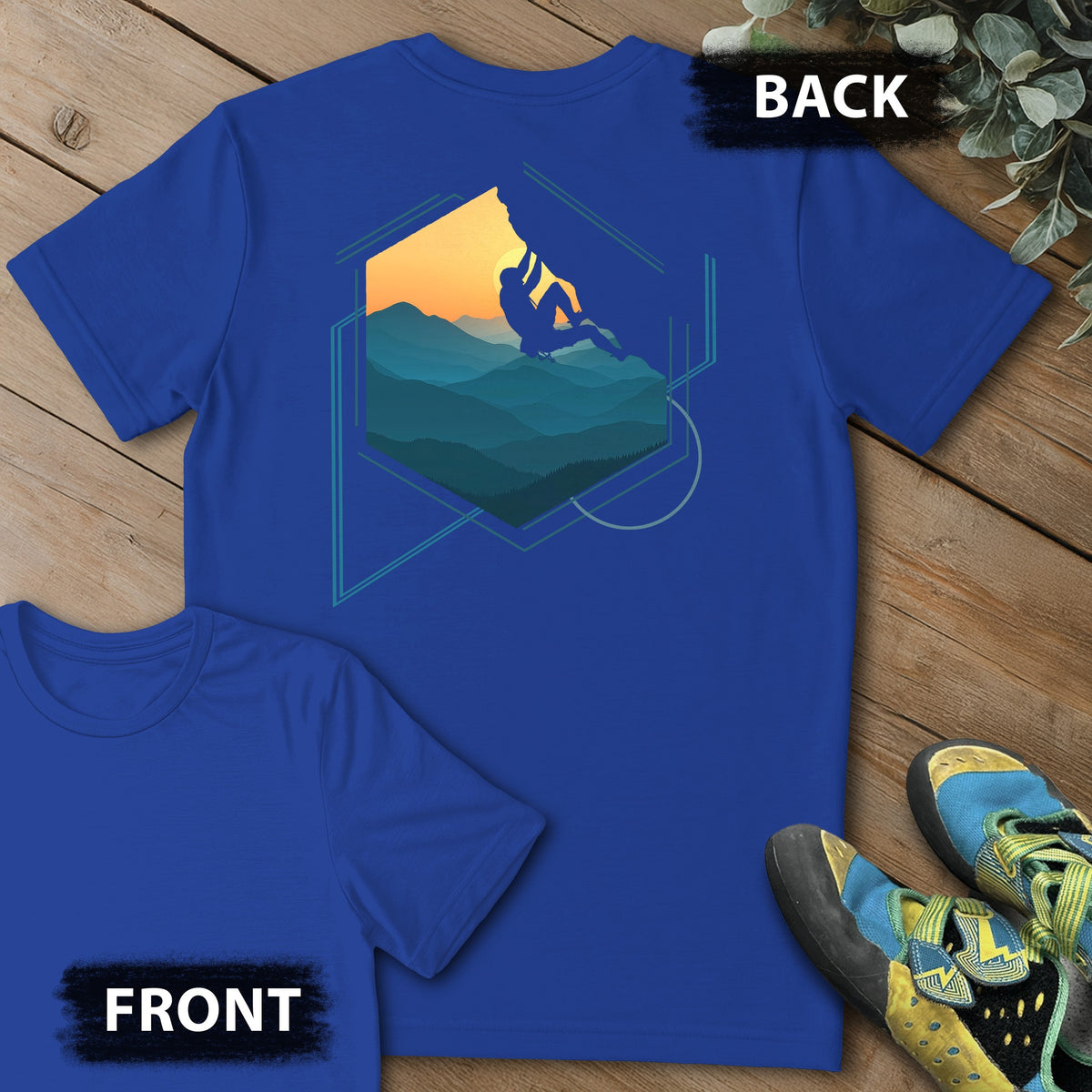 Hexagon Climb Backprint Tee in Royal — flat lay mockup