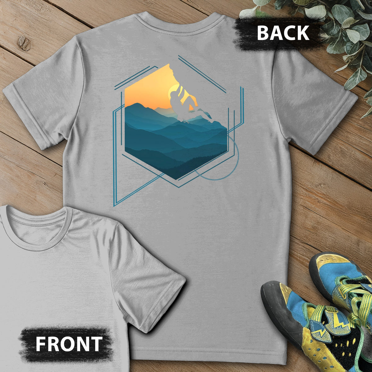 Hexagon Climb Backprint Tee in Sport Grey — flat lay mockup