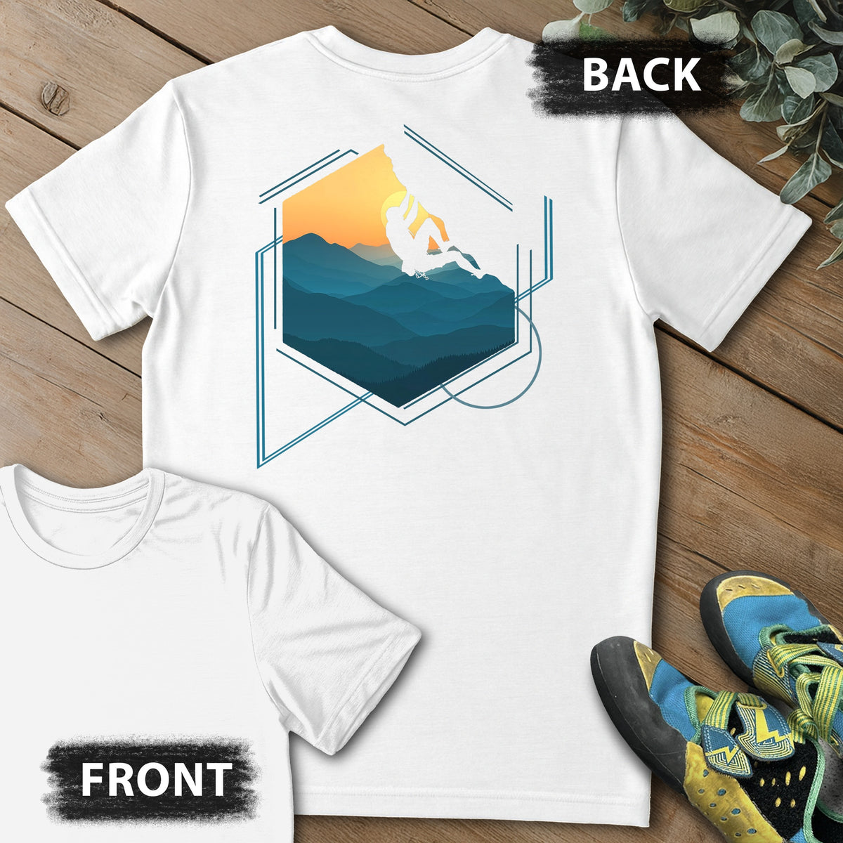 Hexagon Climb Backprint Tee in White — flat lay mockup