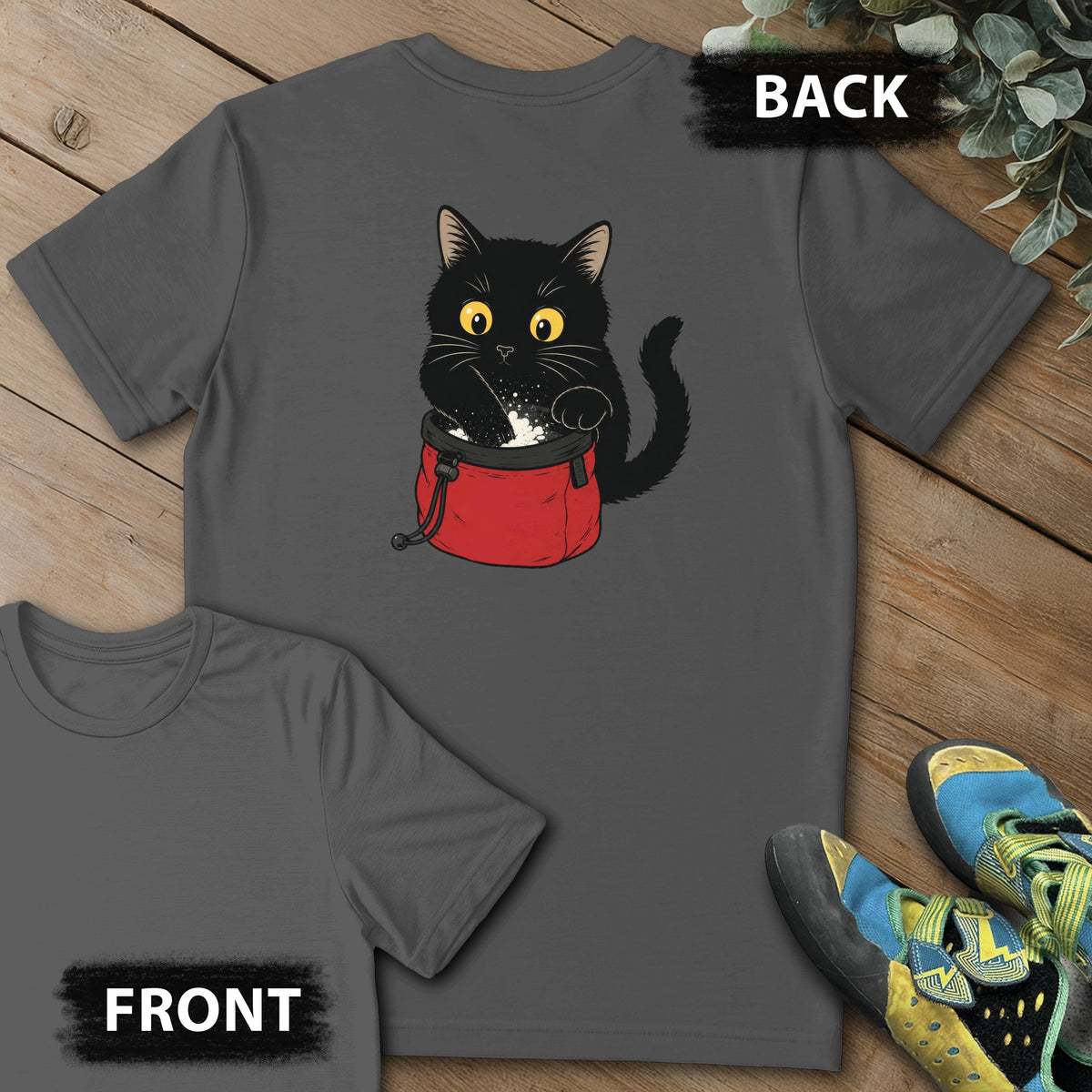 I Haz Chalk Backprint Tee in Charcoal — flat lay mockup