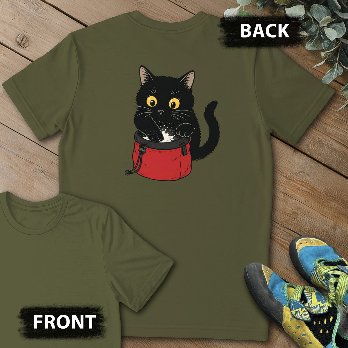 I Haz Chalk Backprint Tee in Military Green — flat lay mockup