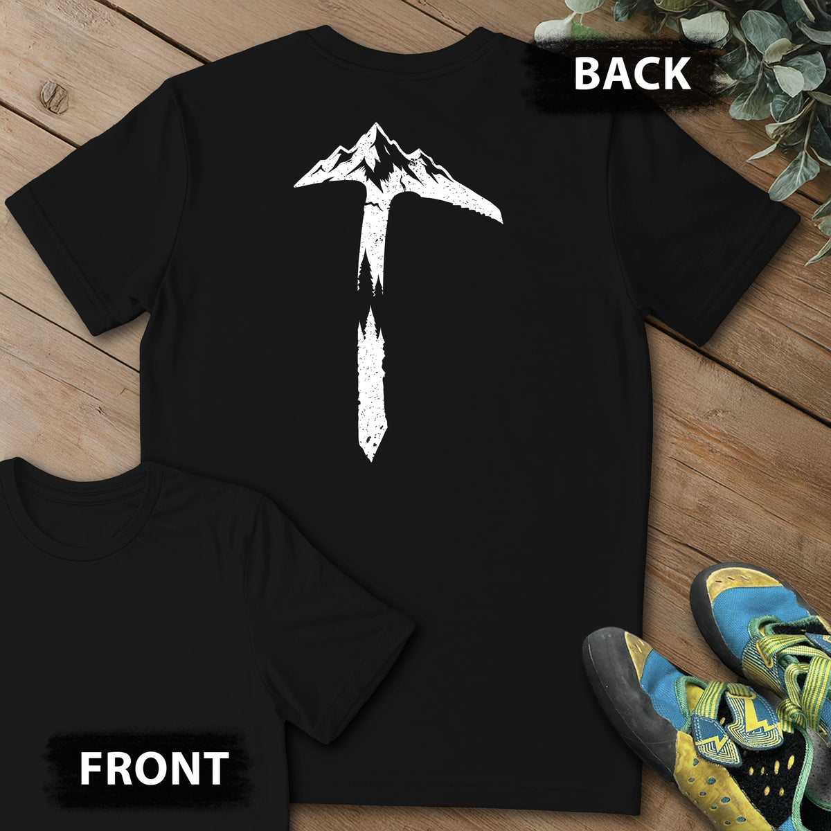 Ice Axe Landscape Backprint Tee in Black — flat lay mockup