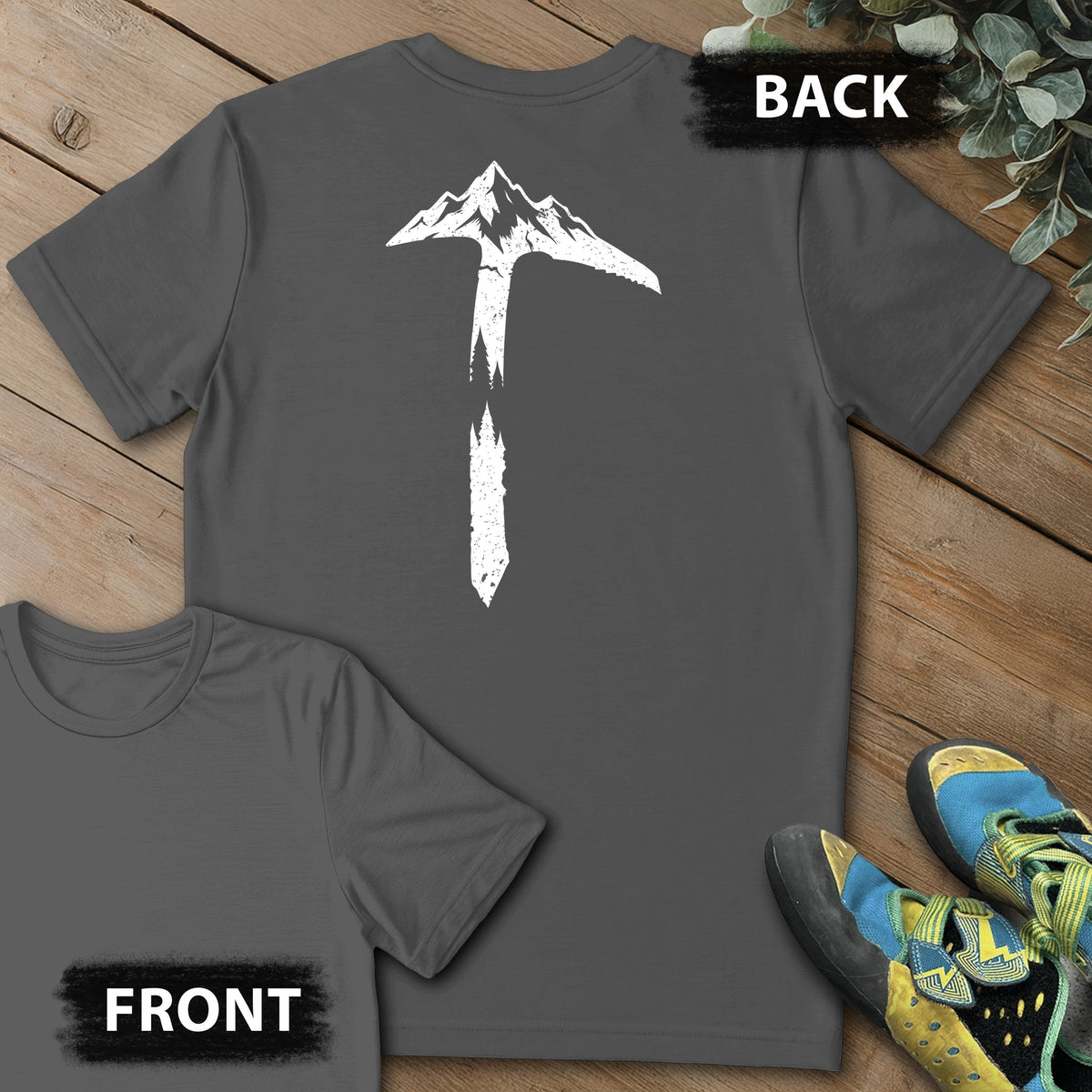 Ice Axe Landscape Backprint Tee in Charcoal — flat lay mockup