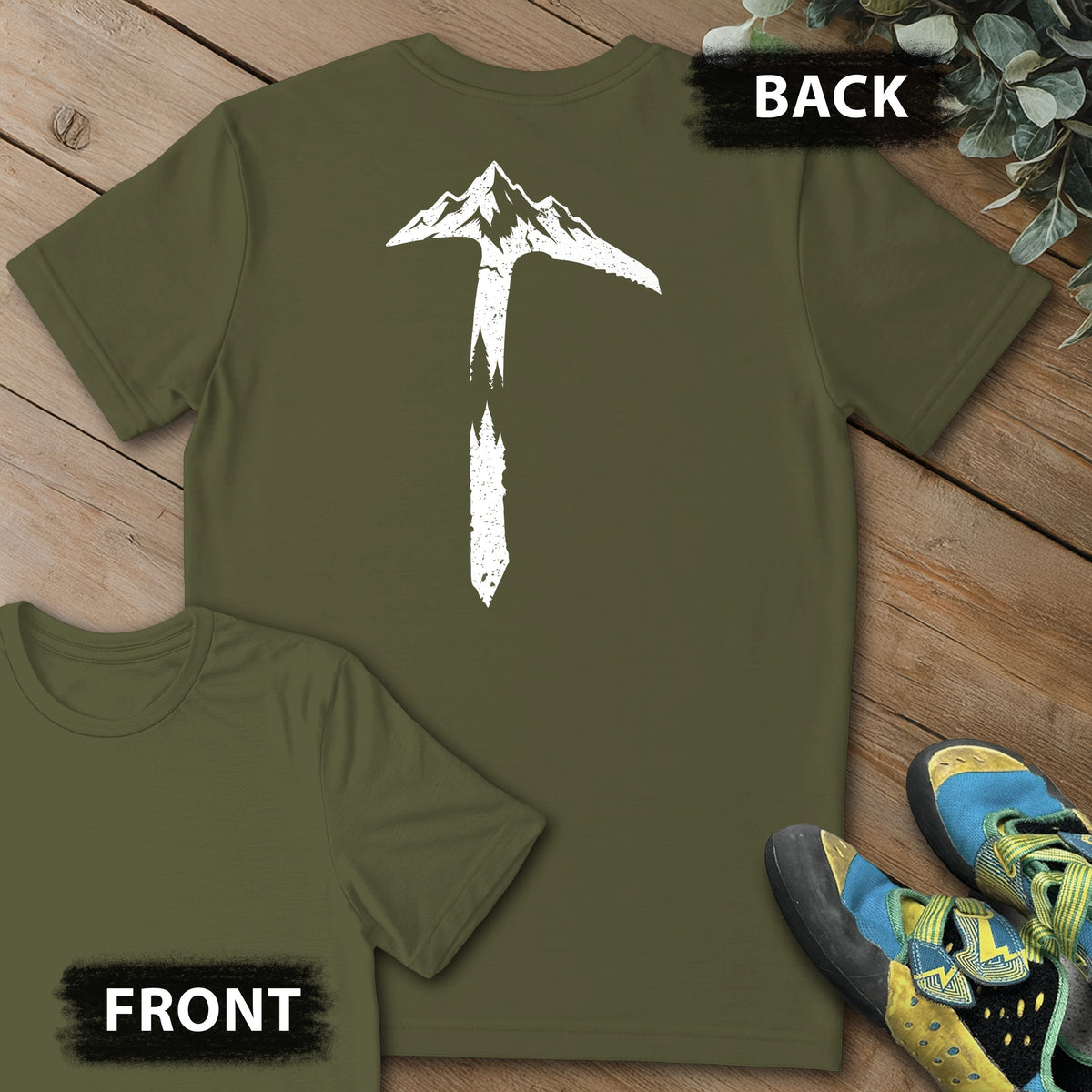 Ice Axe Landscape Backprint Tee in Military Green — flat lay mockup