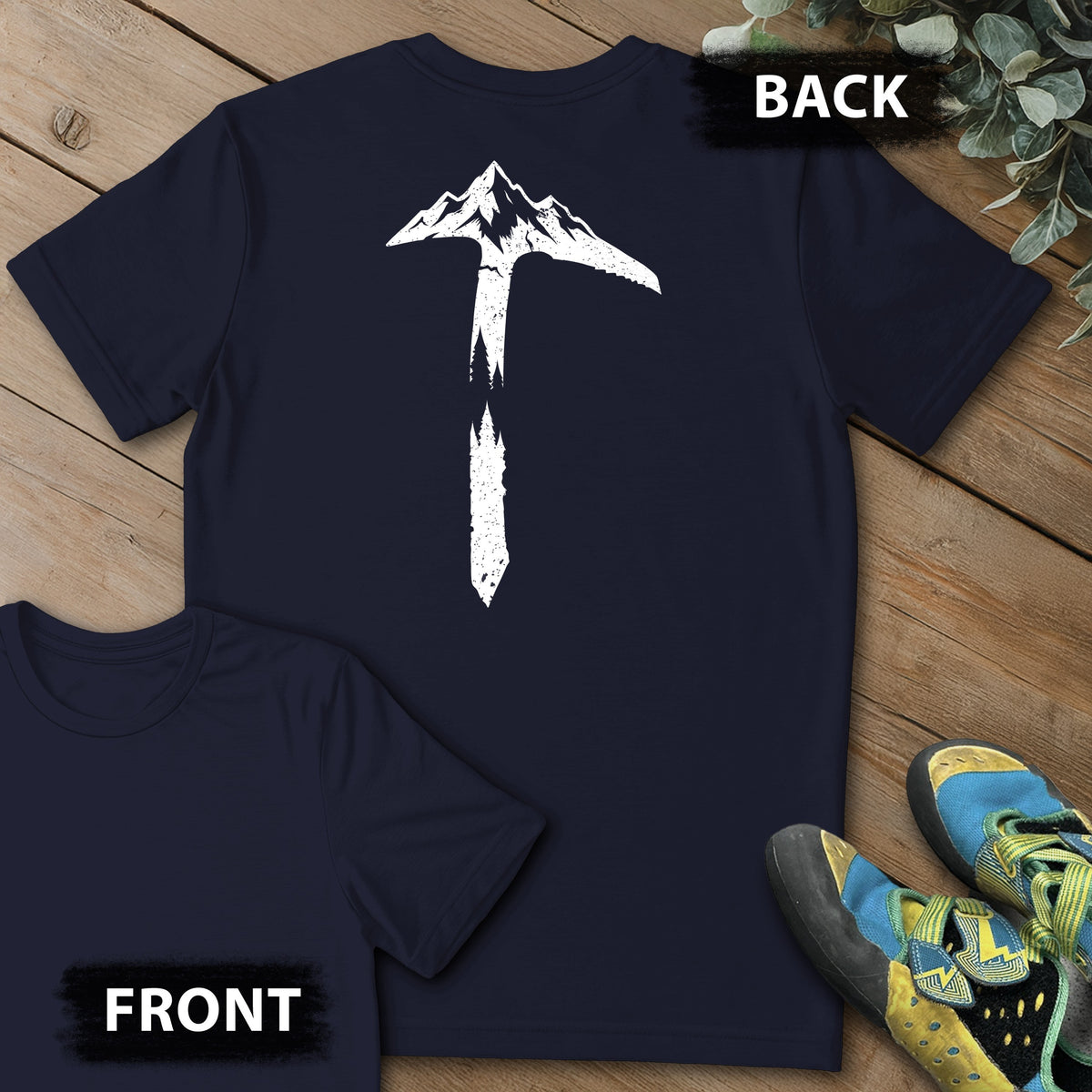 Ice Axe Landscape Backprint Tee in Navy — flat lay mockup
