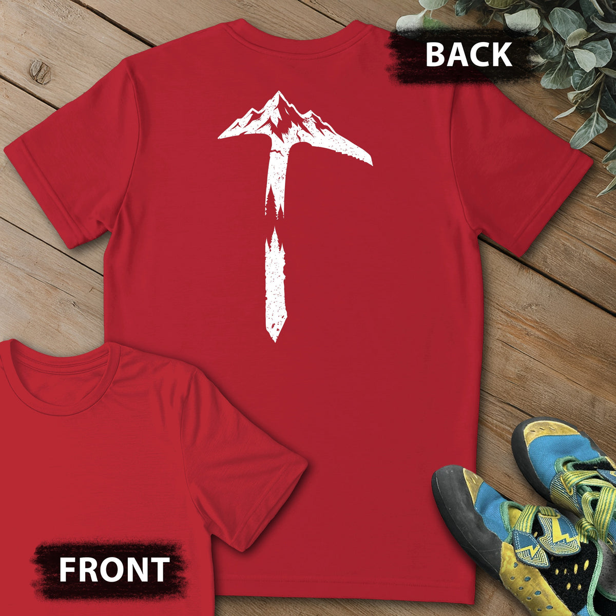 Ice Axe Landscape Backprint Tee in Red — flat lay mockup