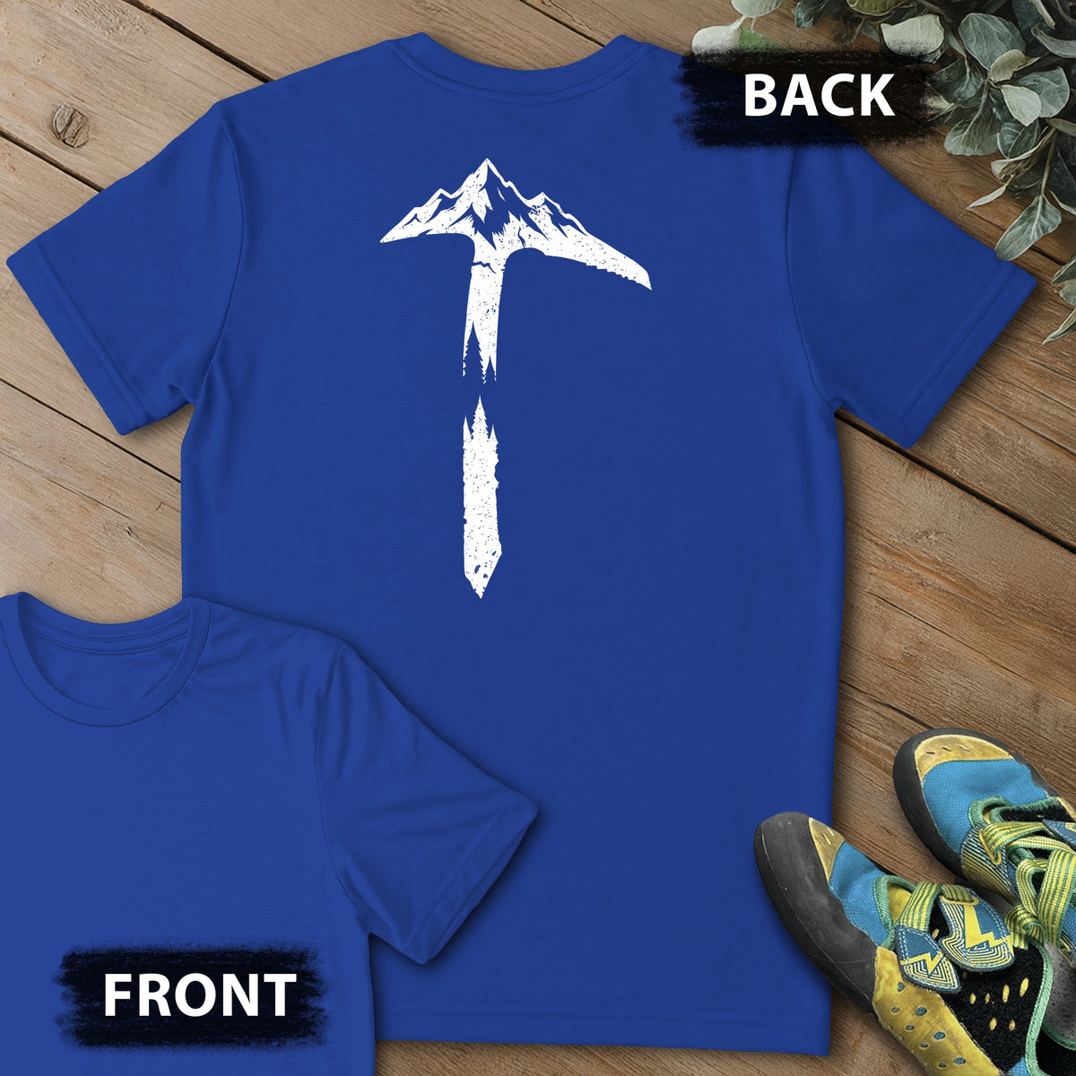 Ice Axe Landscape Backprint Tee in Royal — flat lay mockup