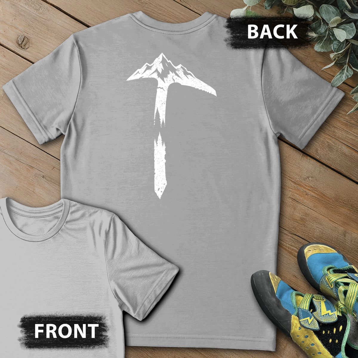 Ice Axe Landscape Backprint Tee in Sport Grey — flat lay mockup