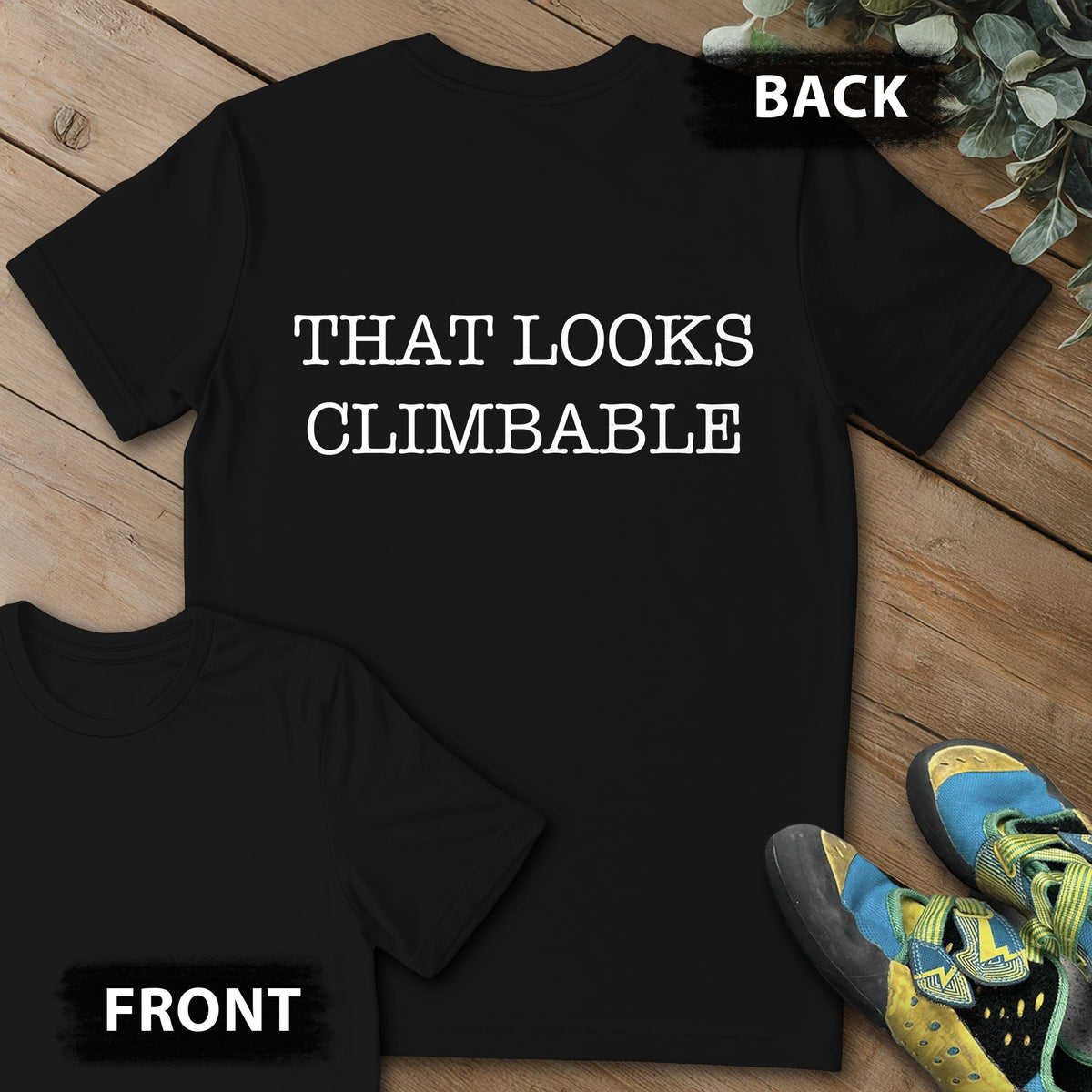 Looks Climable Backprint Tee in Black — flat lay mockup
