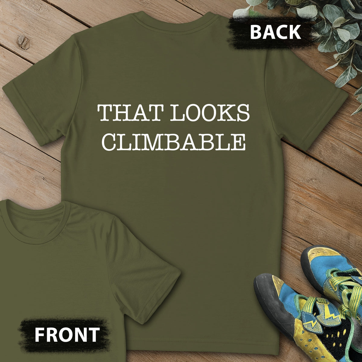 Looks Climable Backprint Tee in Military Green — flat lay mockup