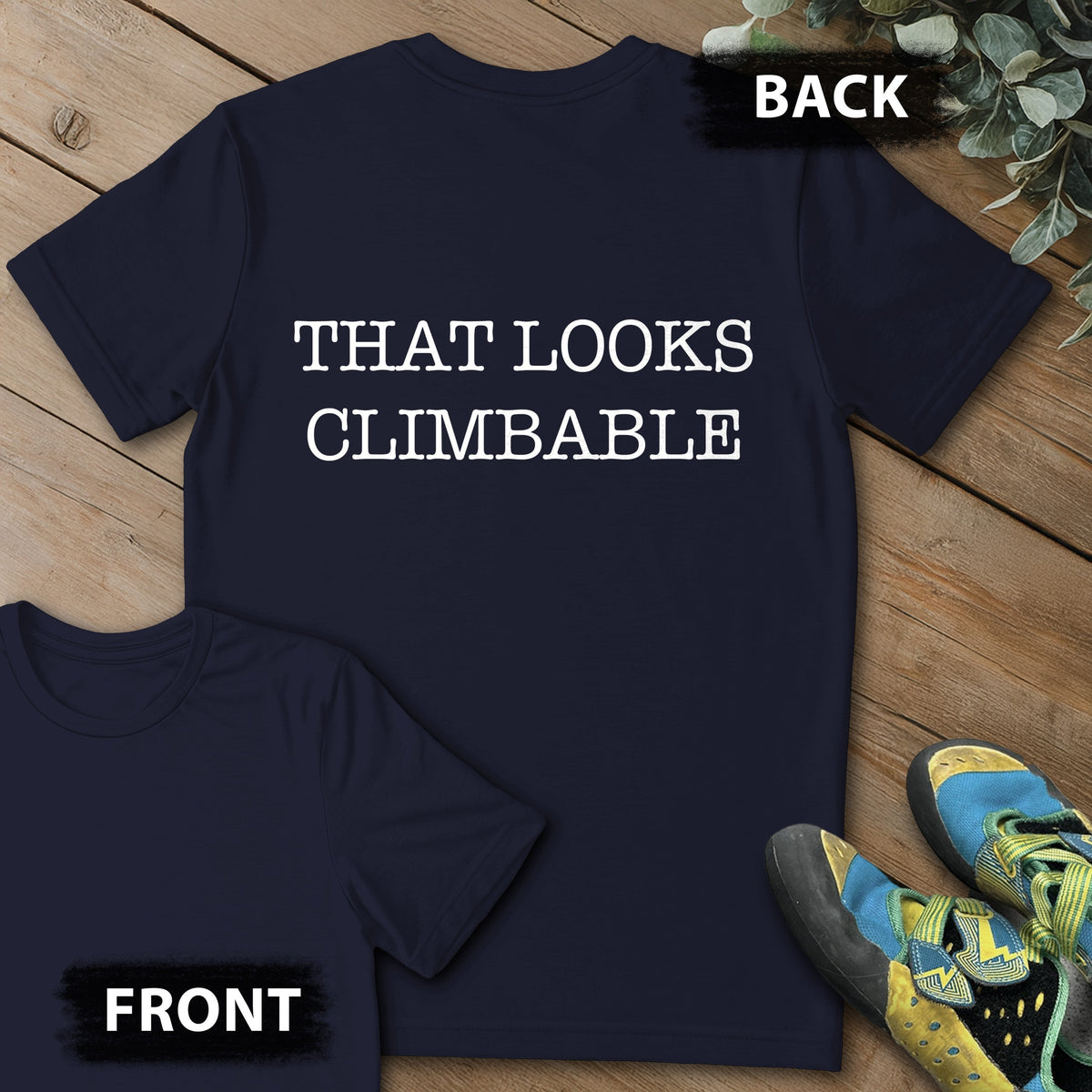 Looks Climable Backprint Tee in Navy — flat lay mockup