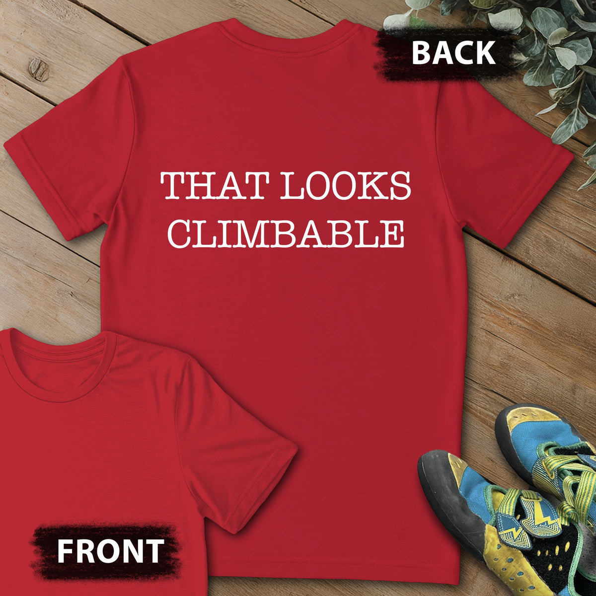 Looks Climable Backprint Tee in Red — flat lay mockup