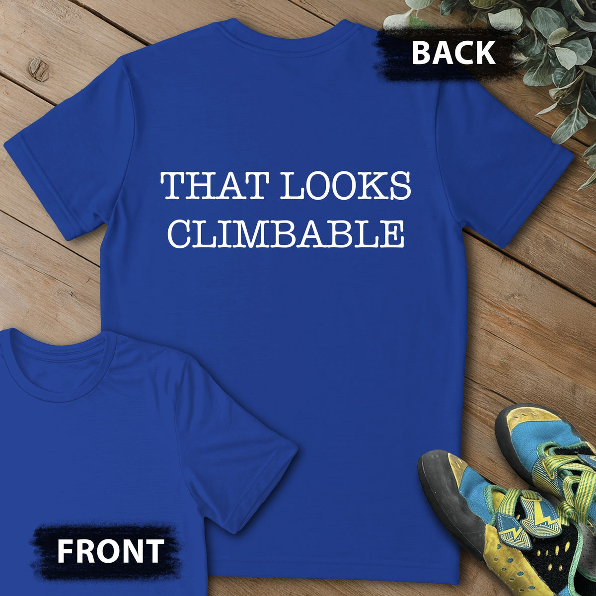 Looks Climable Backprint Tee in Royal — flat lay mockup