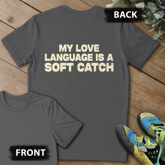 Love Soft Catch Backprint Tee in Charcoal — flat lay mockup