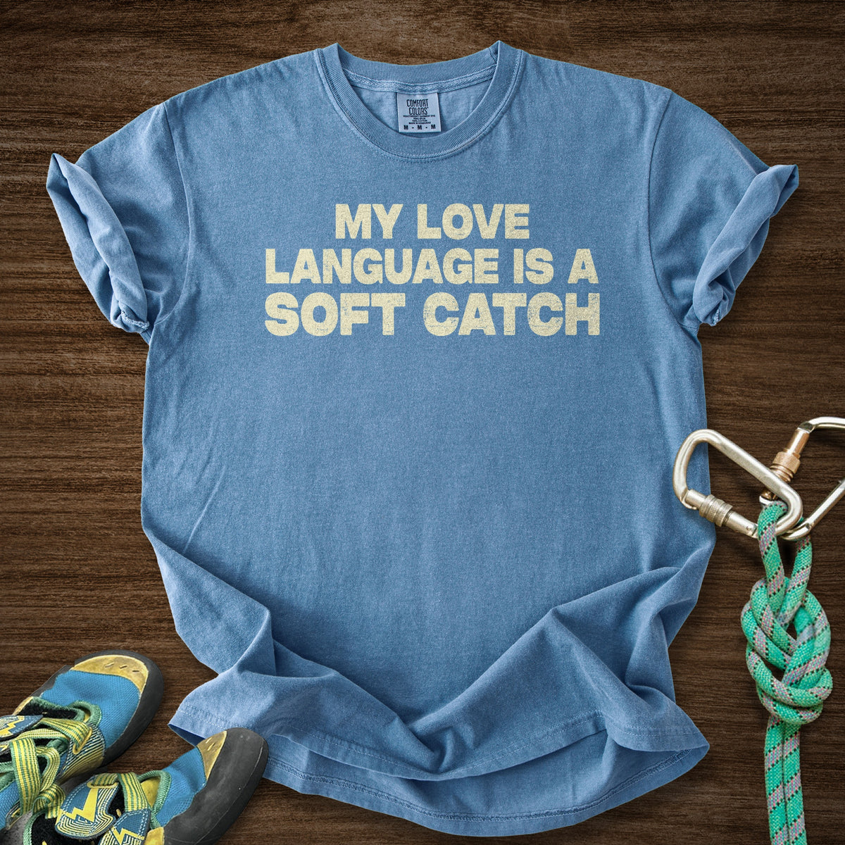 Love Soft Catch Premium in Blue Jean — flat lay mockup