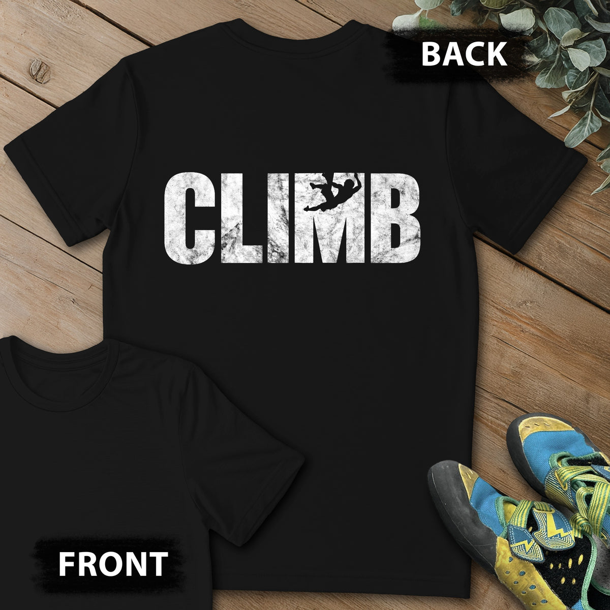 M Climber Backprint Tee in Black — flat lay mockup