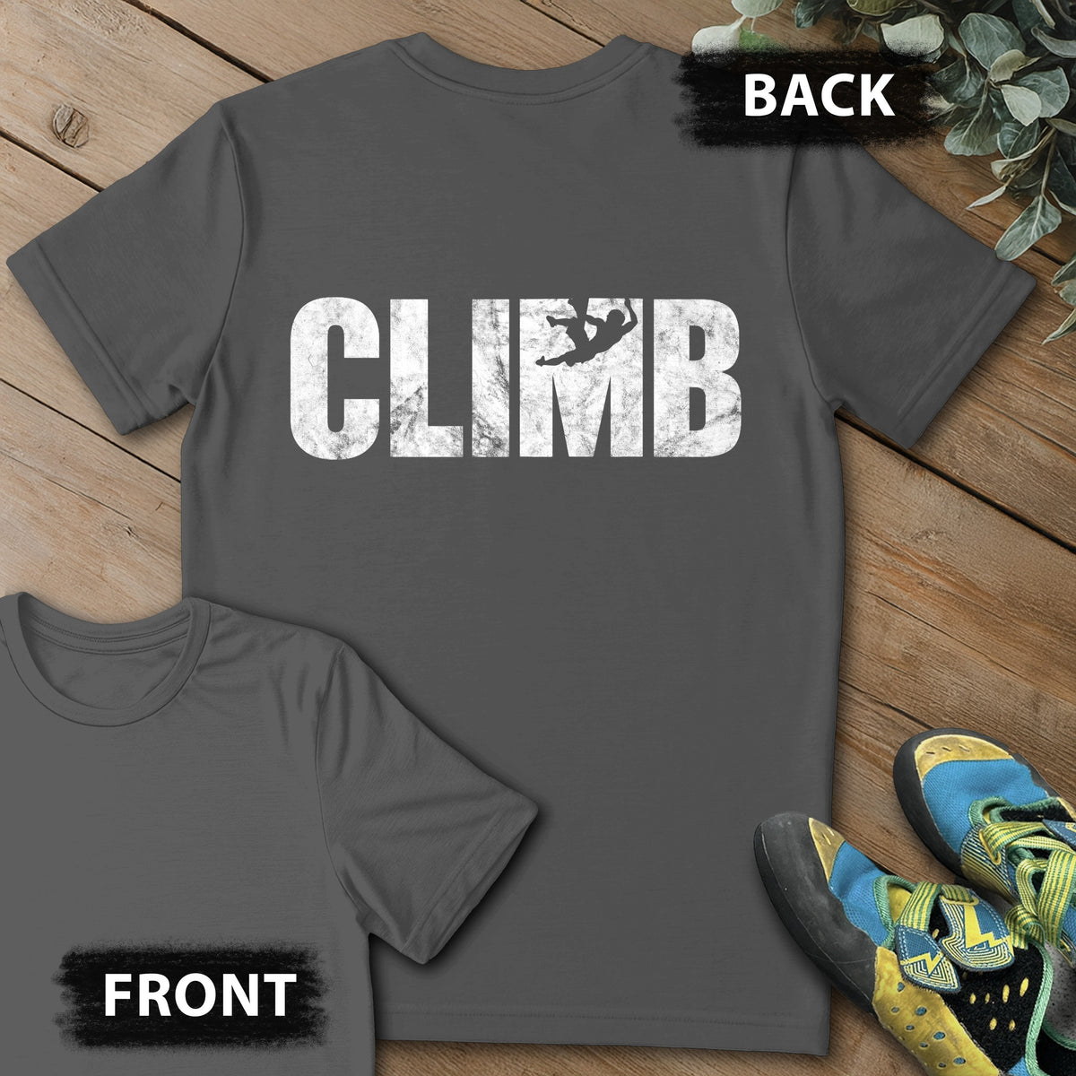 M Climber Backprint Tee in Charcoal — flat lay mockup