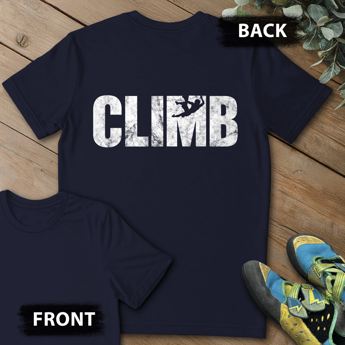 M Climber Backprint Tee in Navy — flat lay mockup