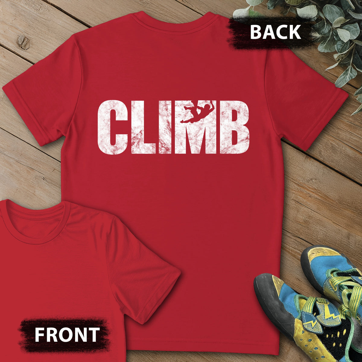 M Climber Backprint Tee in Red — flat lay mockup