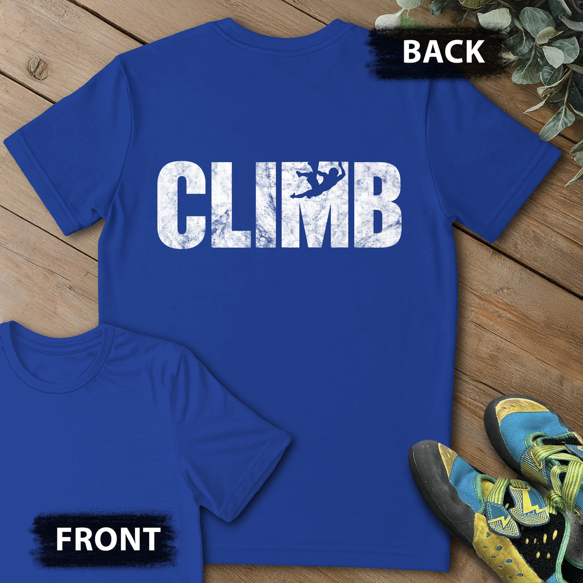 M Climber Backprint Tee in Royal — flat lay mockup