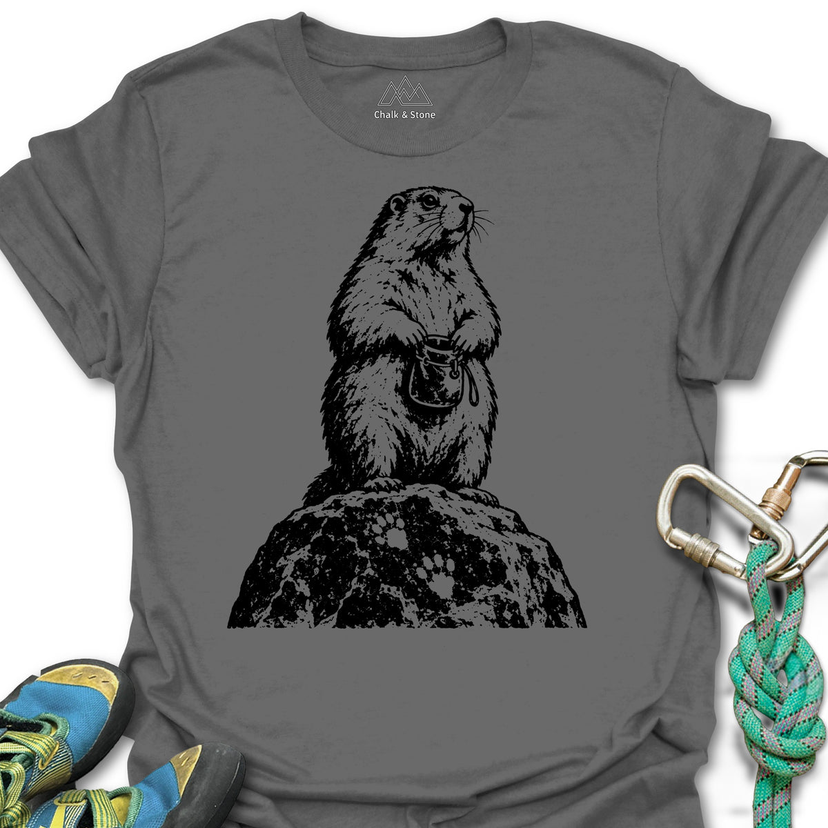 Marmot Lookout Stamp Tee in Charcoal — flat lay mockup