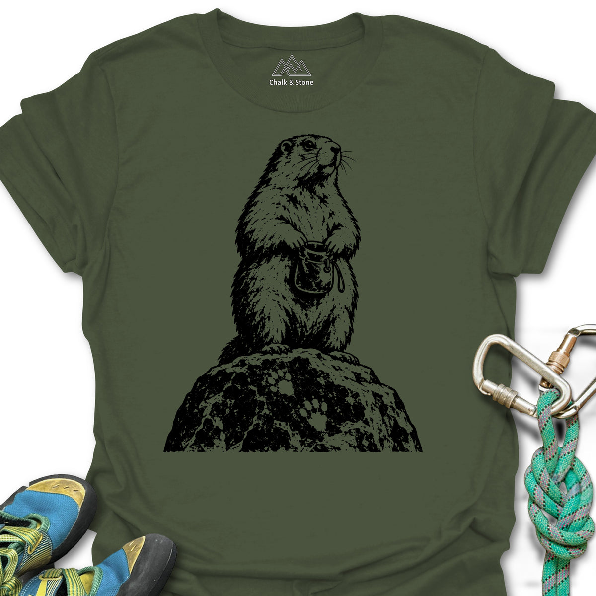Marmot Lookout Stamp Tee in Military Green — flat lay mockup