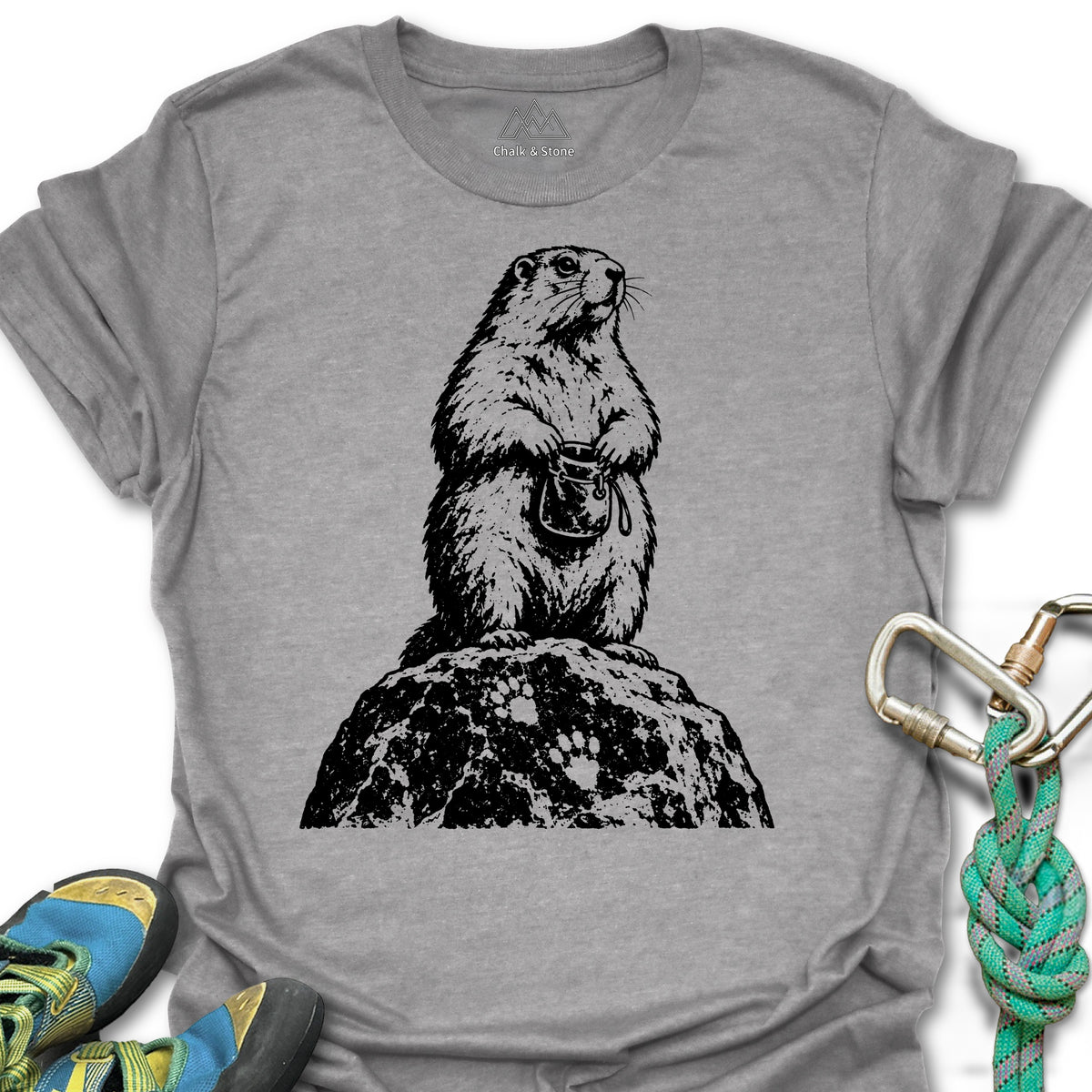 Marmot Lookout Stamp Tee in Sport Grey — flat lay mockup