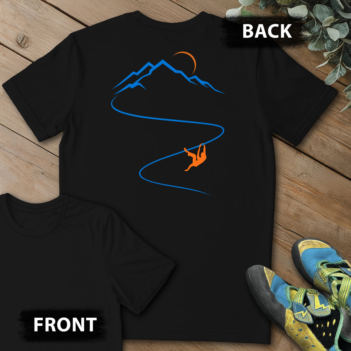 Moonlight Climb Backprint Tee in Black — flat lay mockup
