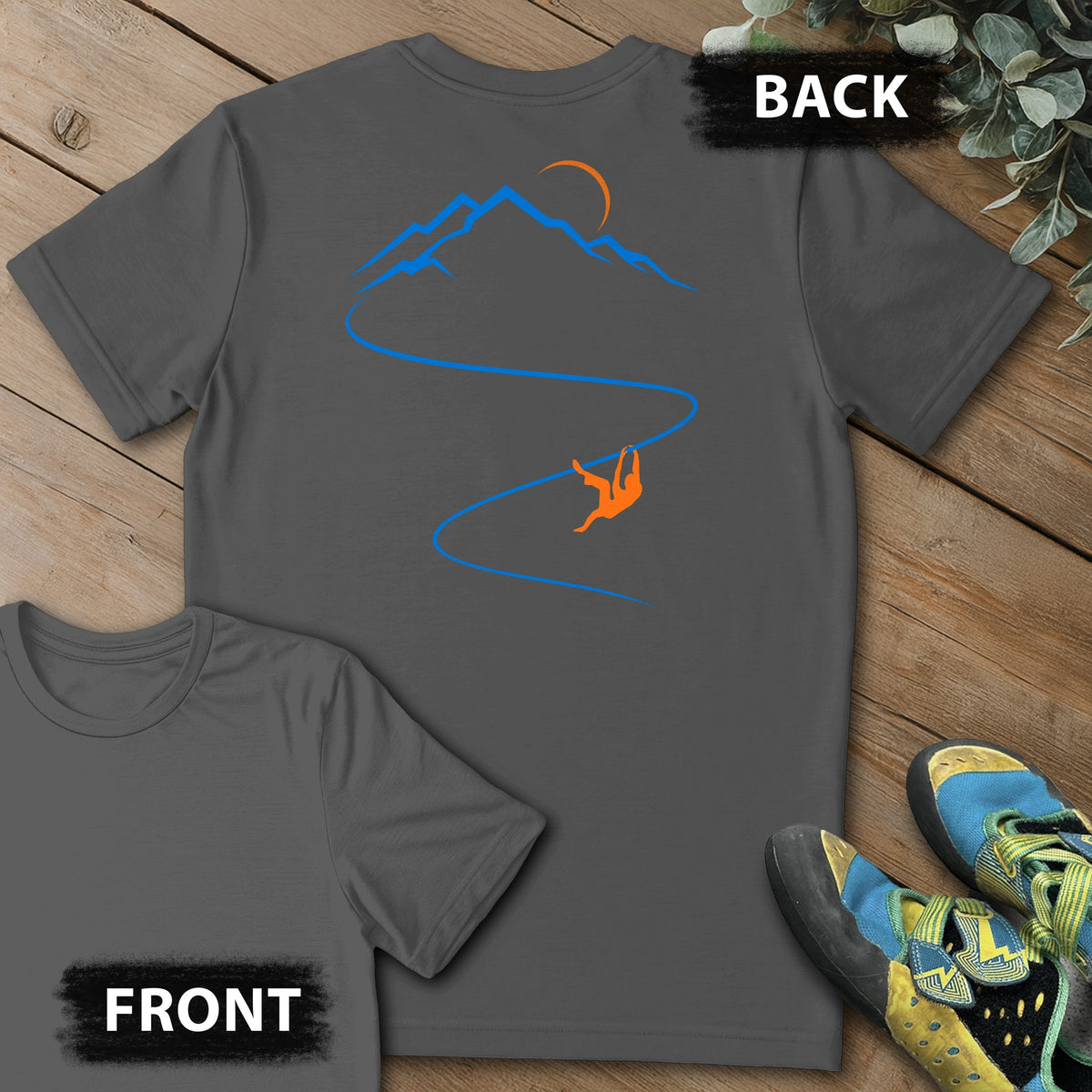Moonlight Climb Backprint Tee in Charcoal — flat lay mockup